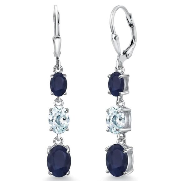 925 Sterling Silver with 6.21 Cttw 3 Stone Blue Sapphire and Aquamarine Earrings - Picture 1 of 5